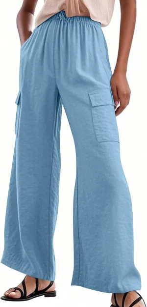 Linen Cargo Pants Women Lightweight Comfy Business Casual Work Pants Baggy Elastic Waist Office Trousers with Pockets