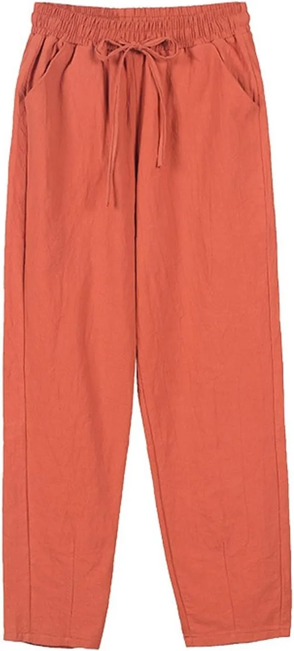 Linen Cropped Pants Women Straight Leg Elastic Waist Drawstring Casual Pants with Pockets 2025 Summer Beach Outfits