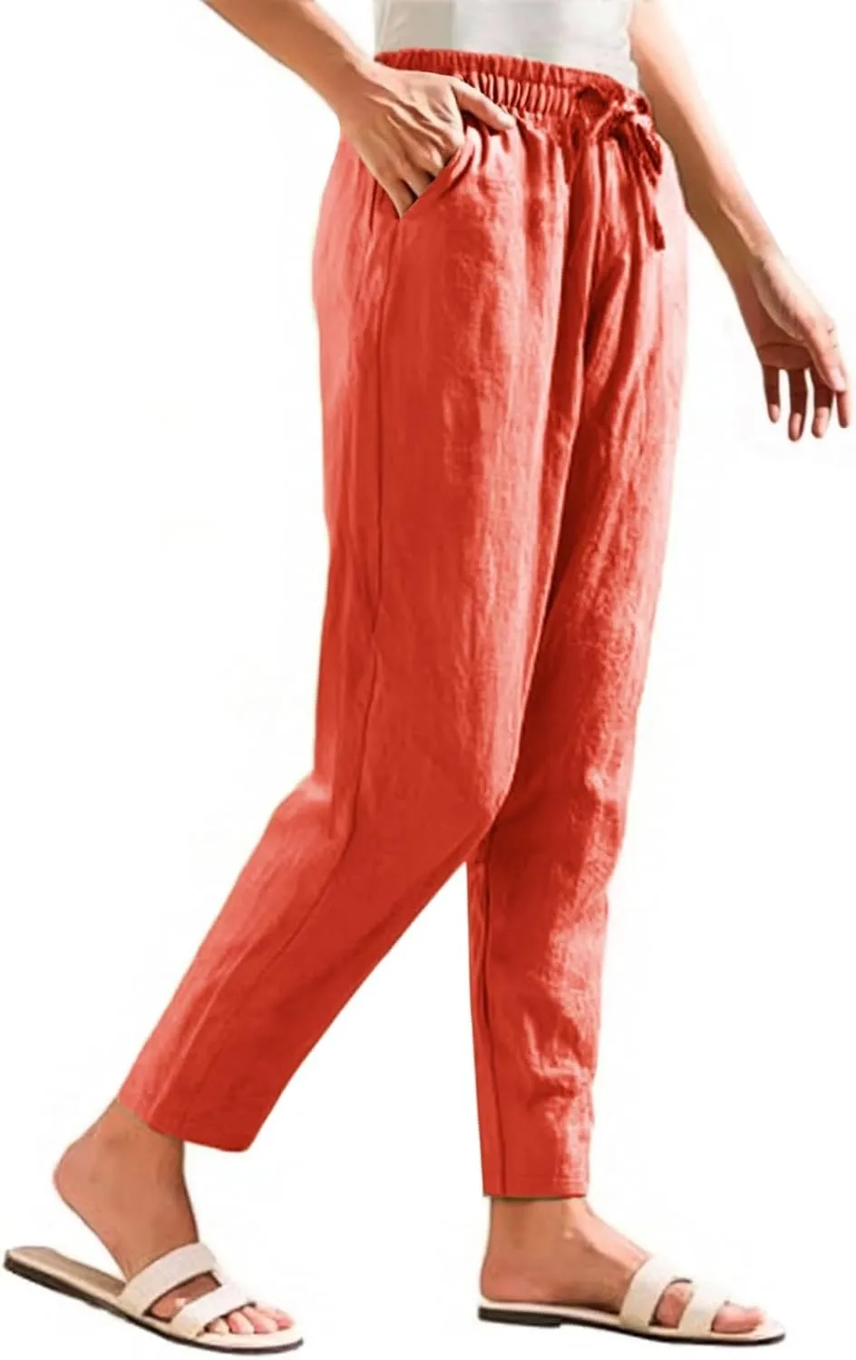 Linen Cropped Pants Women Straight Leg Elastic Waist Drawstring Casual Pants with Pockets 2025 Summer Beach Outfits