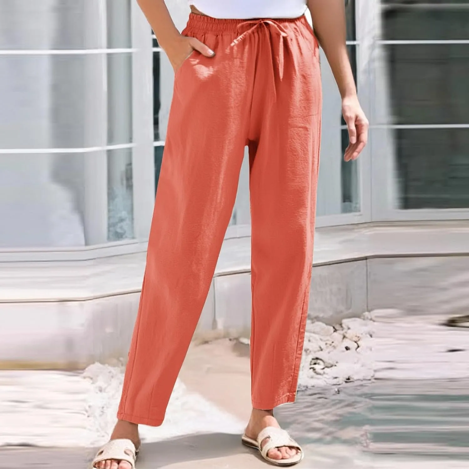 Linen Cropped Pants Women Straight Leg Elastic Waist Drawstring Casual Pants with Pockets 2025 Summer Beach Outfits
