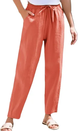 Linen Cropped Pants Women Straight Leg Elastic Waist Drawstring Casual Pants with Pockets 2025 Summer Beach Outfits