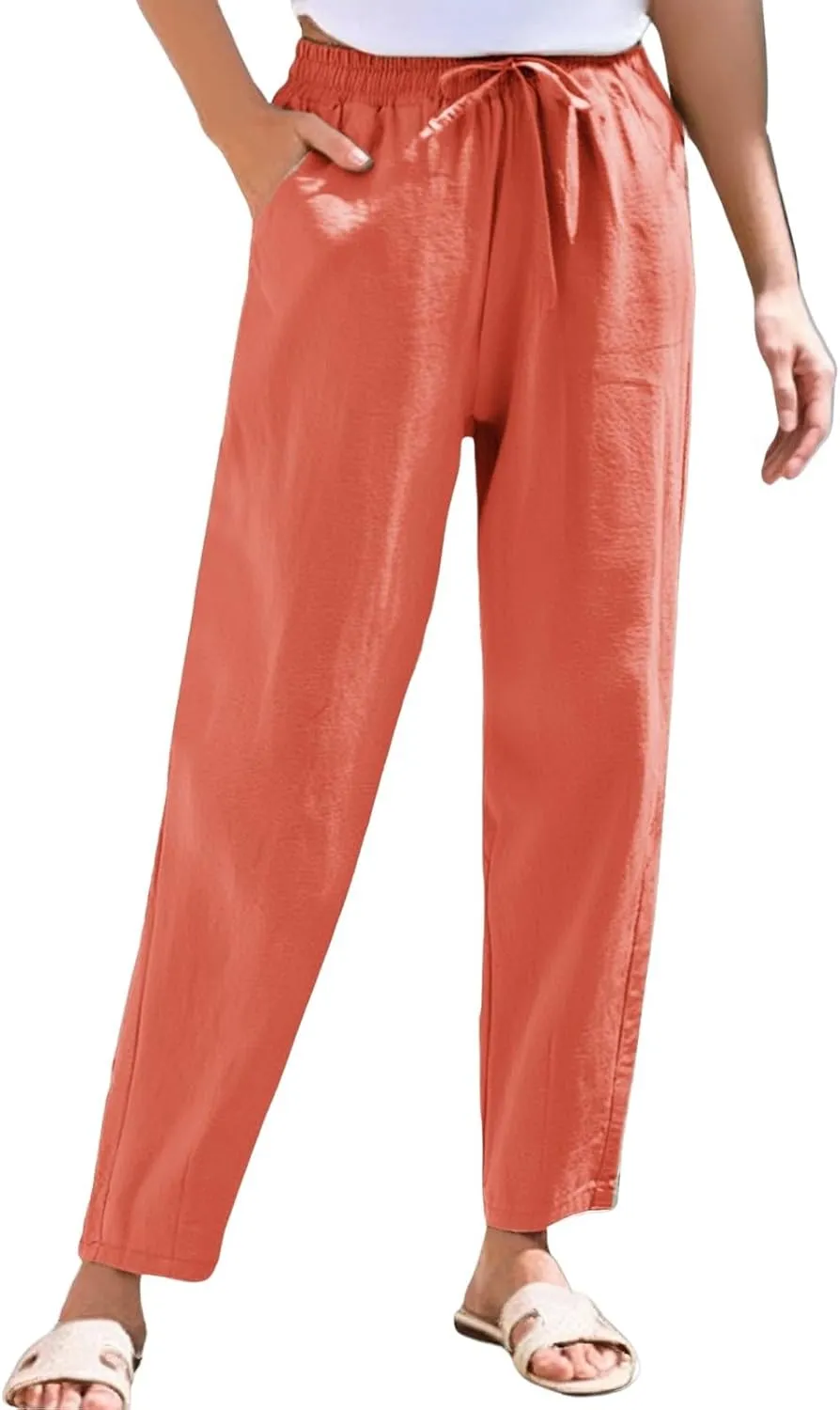 Linen Cropped Pants Women Straight Leg Elastic Waist Drawstring Casual Pants with Pockets 2025 Summer Beach Outfits