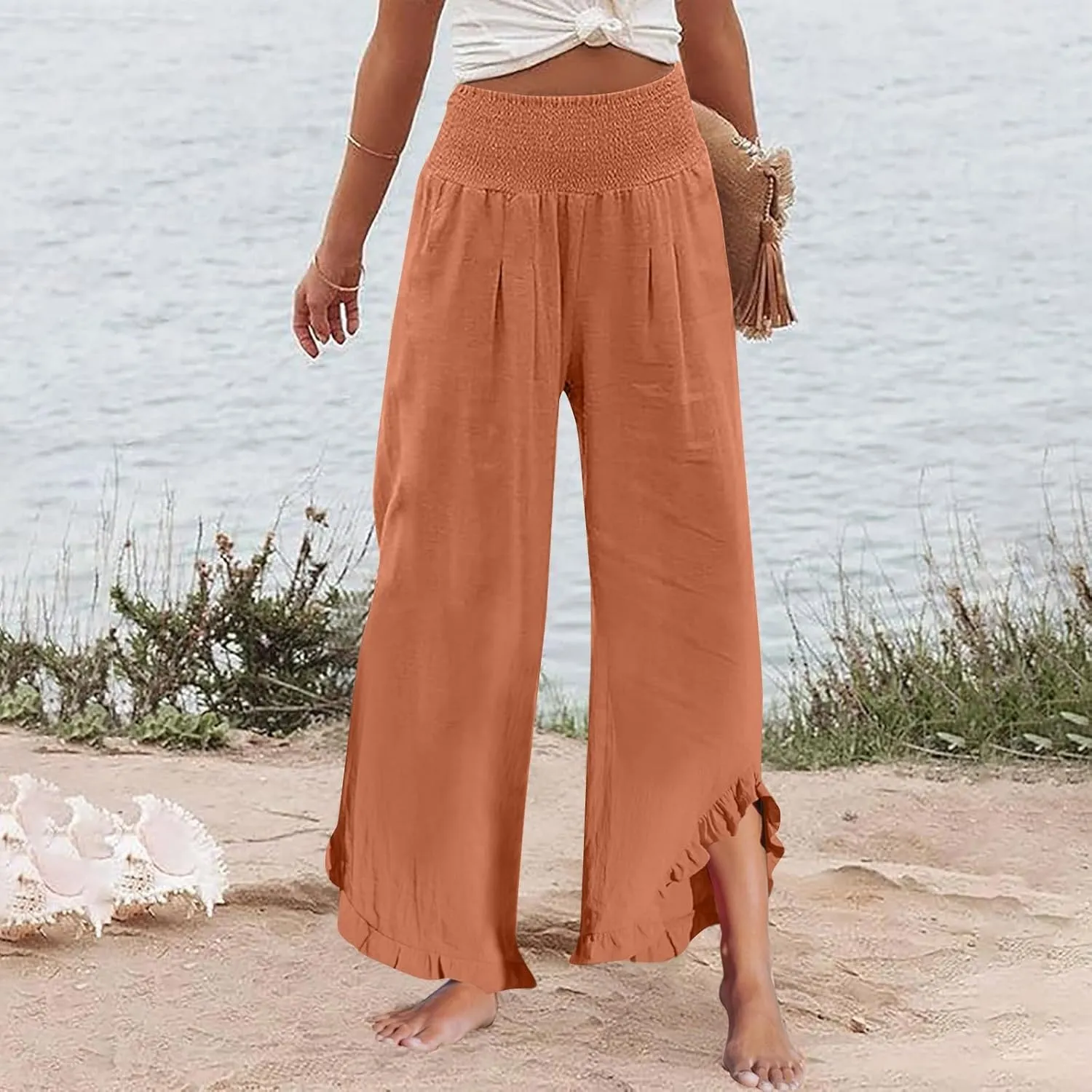 Linen Palazzo Pants for Women Casual Smocked Waisted Ruffle Hem Wide Leg Pants Summer Loose Beach Pant with Pockets