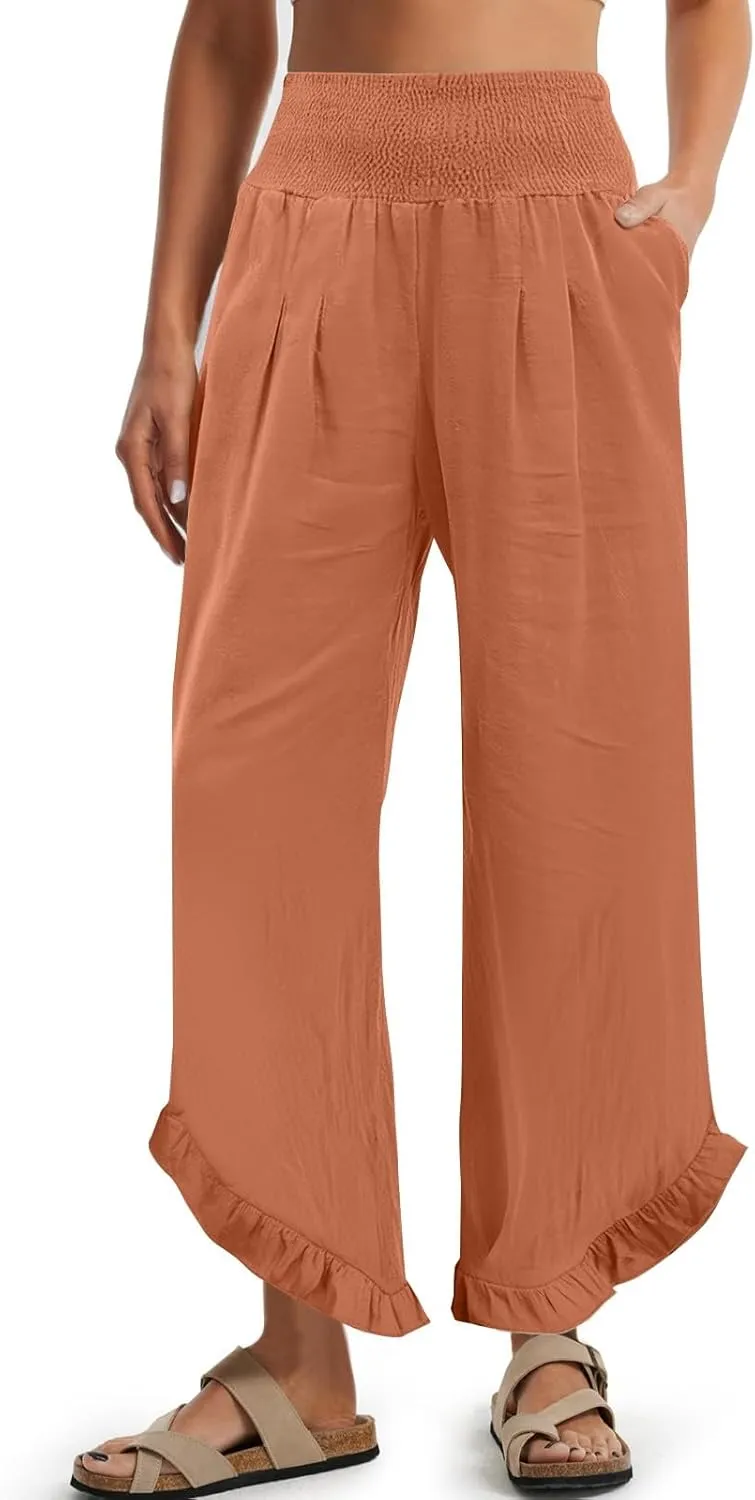 Linen Palazzo Pants for Women Casual Smocked Waisted Ruffle Hem Wide Leg Pants Summer Loose Beach Pant with Pockets