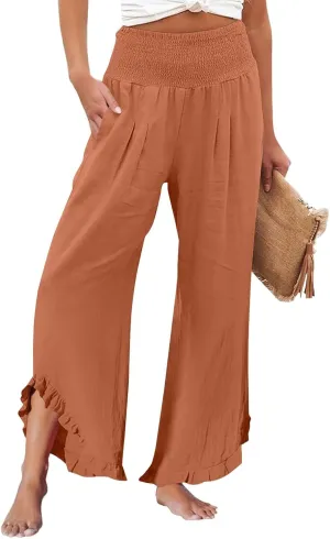 Linen Palazzo Pants for Women Casual Smocked Waisted Ruffle Hem Wide Leg Pants Summer Loose Beach Pant with Pockets