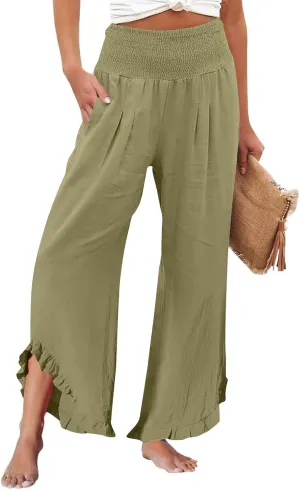 Linen Palazzo Pants for Women Smocked High Waisted Ruffle Hem Wide Leg Pants Loose Summer Beach Trousers with Pockets