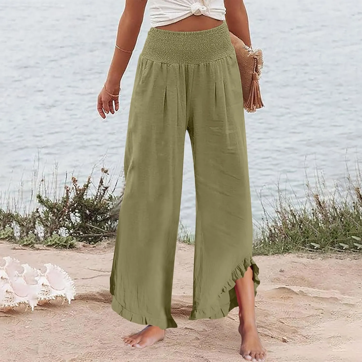 Linen Palazzo Pants for Women Smocked High Waisted Ruffle Hem Wide Leg Pants Loose Summer Beach Trousers with Pockets