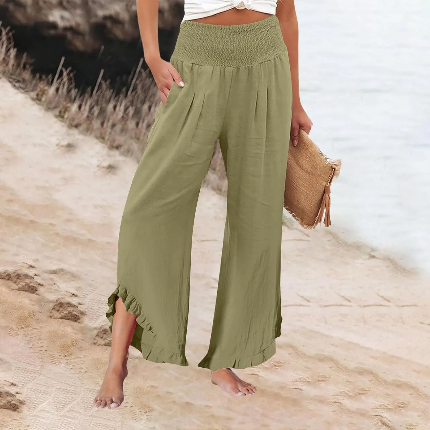 Linen Palazzo Pants for Women Smocked High Waisted Ruffle Hem Wide Leg Pants Loose Summer Beach Trousers with Pockets