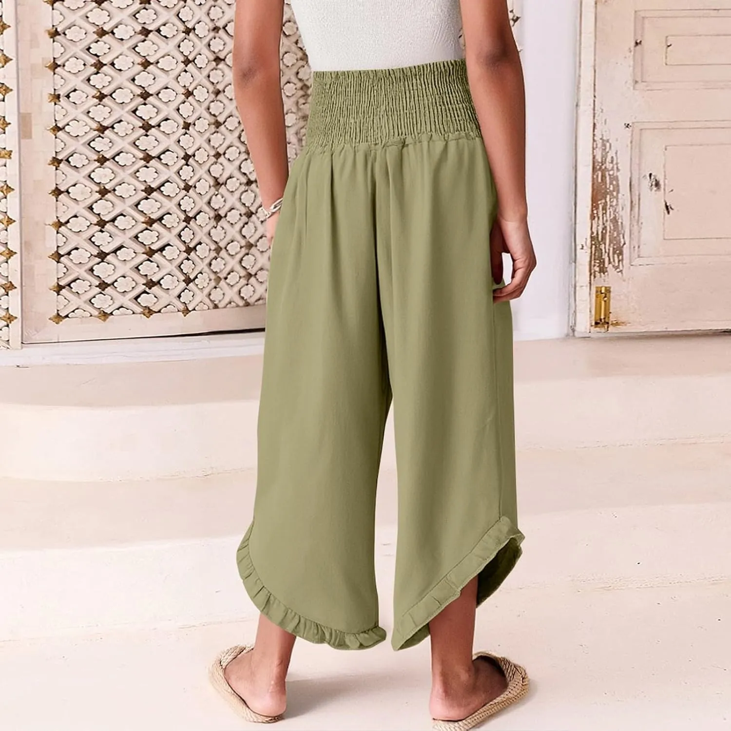 Linen Palazzo Pants for Women Smocked High Waisted Ruffle Hem Wide Leg Pants Loose Summer Beach Trousers with Pockets