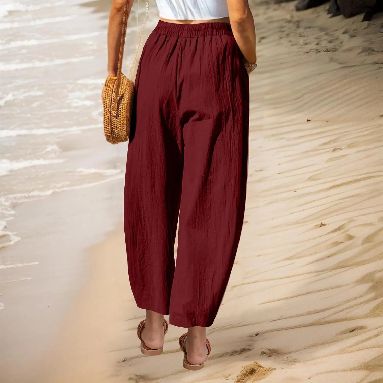 Linen Pants for Women 2025 Trendy Elastic High Waist Loose Fit Trouser Summer Breathable Lounge Pocket Wide Leg Pant