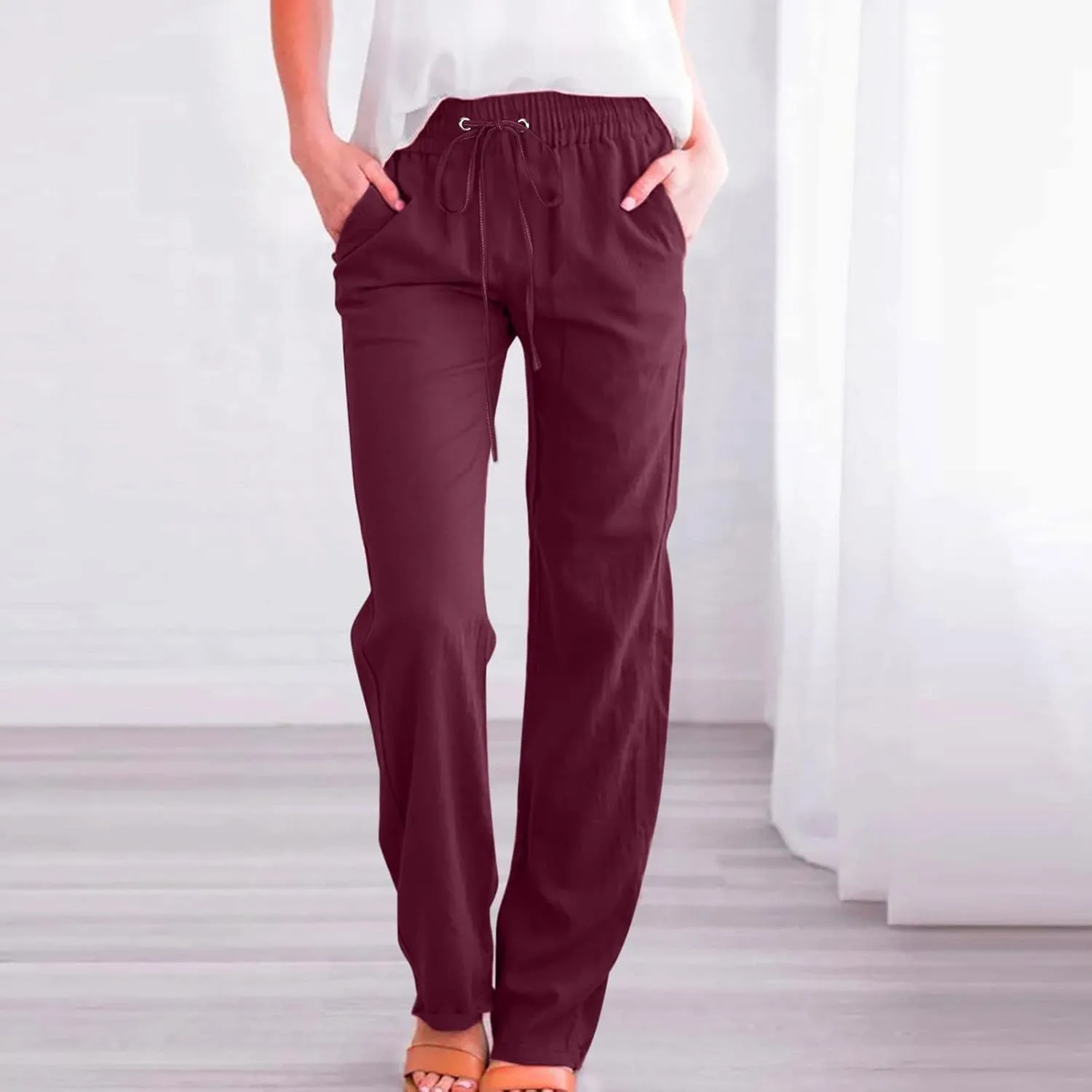 Linen Pants for Women Dressy Casual High Waisted Drawstring Pant Causal Summer Lightweight Straight Leg Lounge Trousers