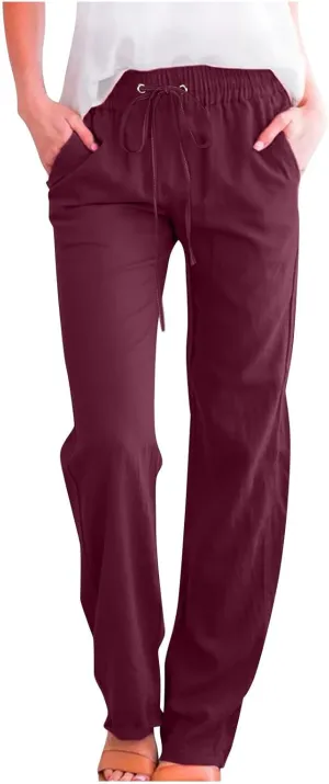 Linen Pants for Women Dressy Casual High Waisted Drawstring Pant Causal Summer Lightweight Straight Leg Lounge Trousers