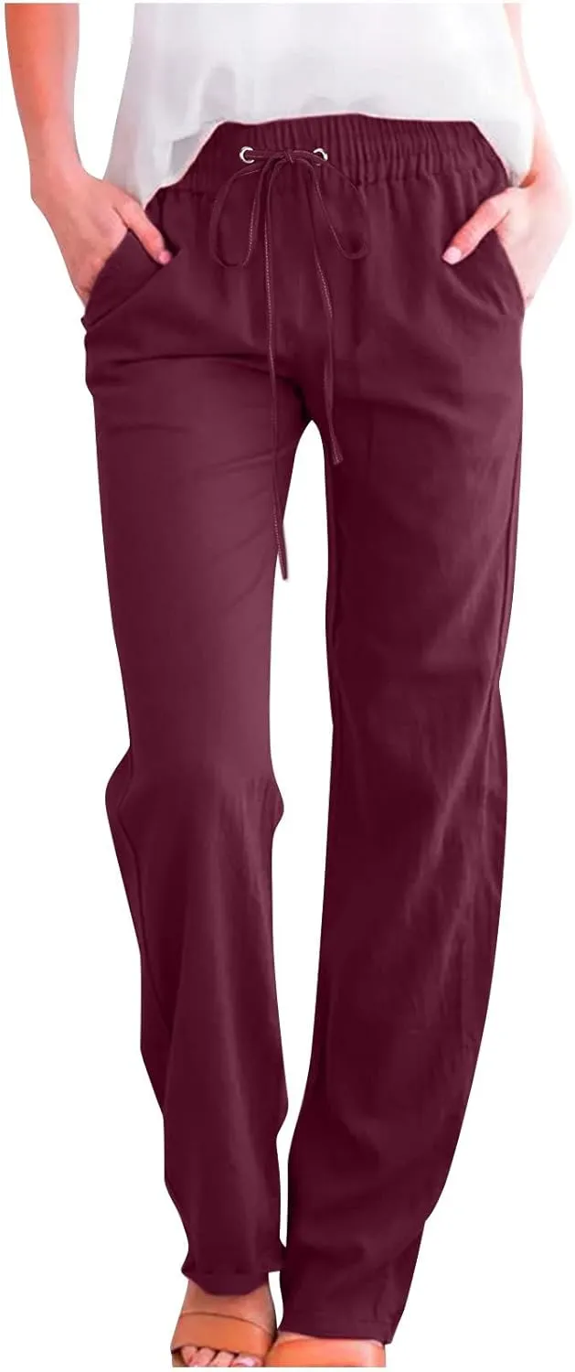 Linen Pants for Women Dressy Casual High Waisted Drawstring Pant Causal Summer Lightweight Straight Leg Lounge Trousers