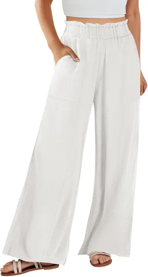 Linen Pants for Women Trendy Casual Ruffle High Waist Wide Leg Beach Palazzo Pants Trousers with Pockets Slacks