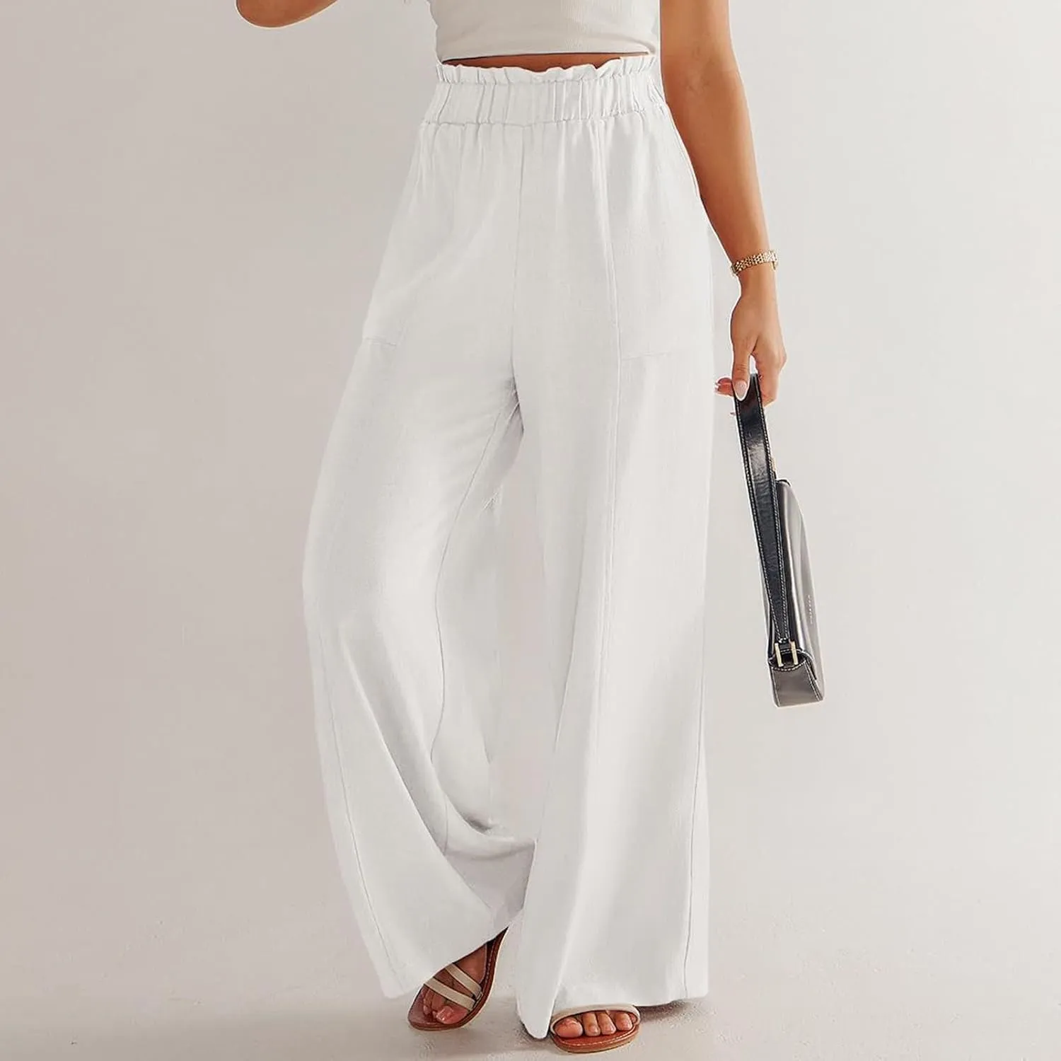 Linen Pants for Women Trendy Casual Ruffle High Waist Wide Leg Beach Palazzo Pants Trousers with Pockets Slacks