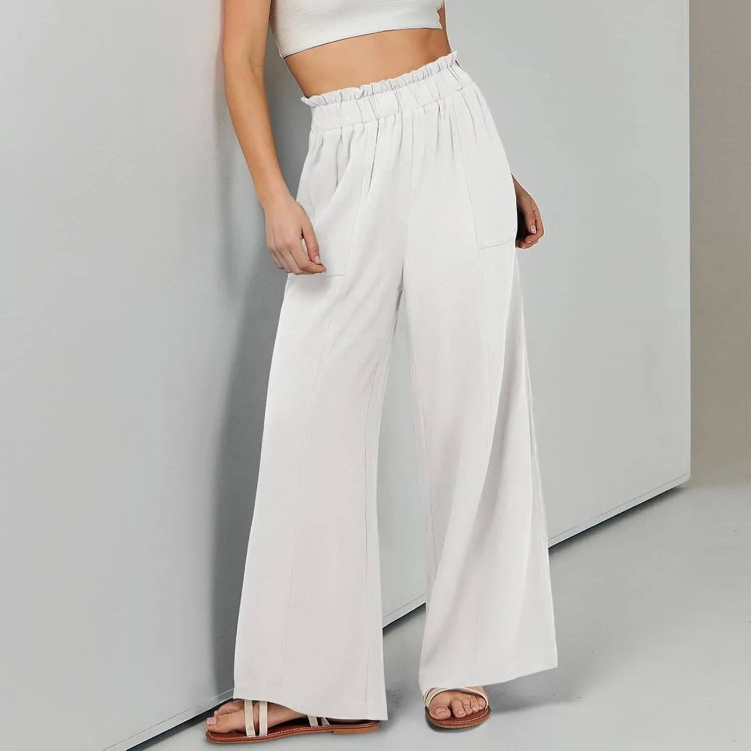 Linen Pants for Women Trendy Casual Ruffle High Waist Wide Leg Beach Palazzo Pants Trousers with Pockets Slacks