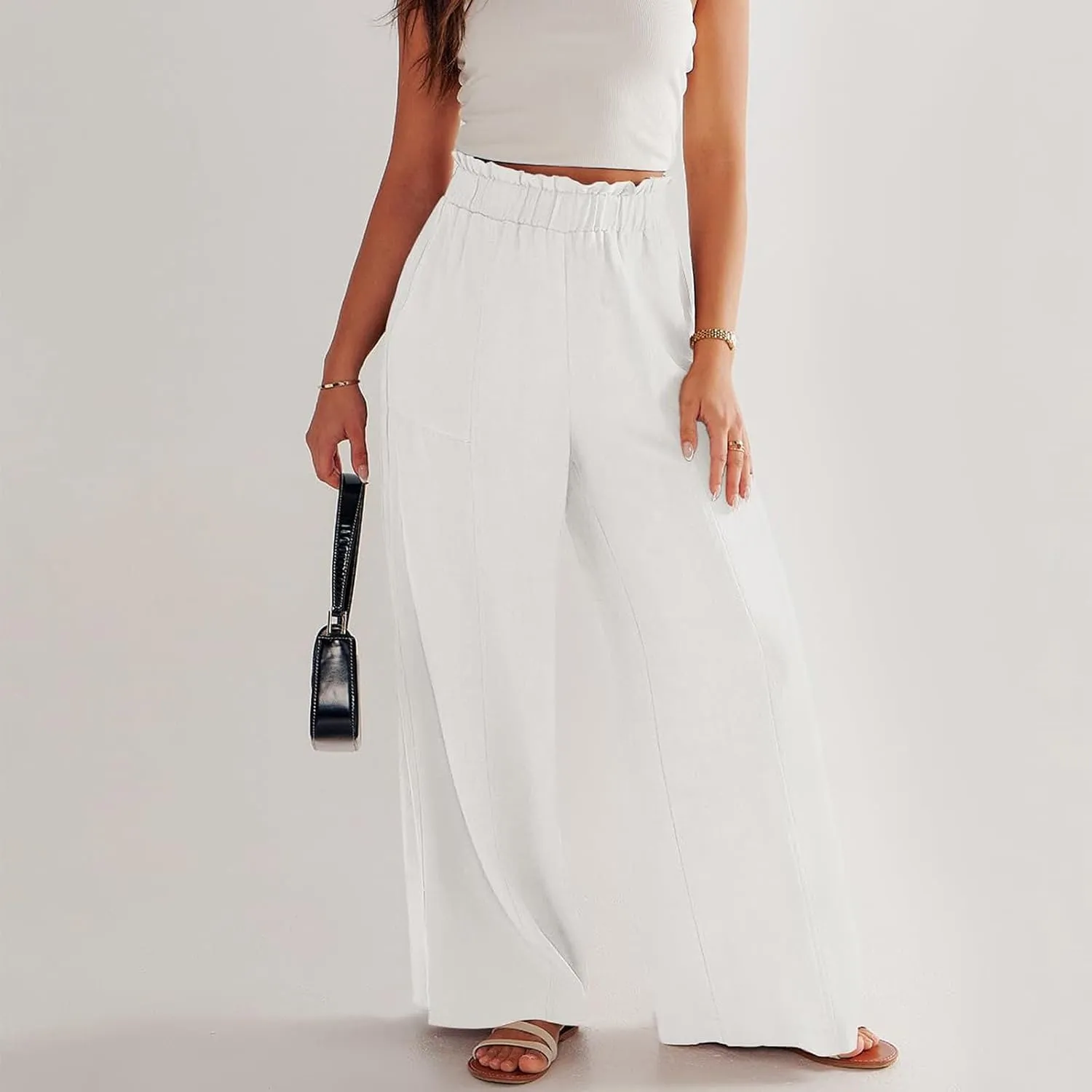 Linen Pants for Women Trendy Casual Ruffle High Waist Wide Leg Beach Palazzo Pants Trousers with Pockets Slacks