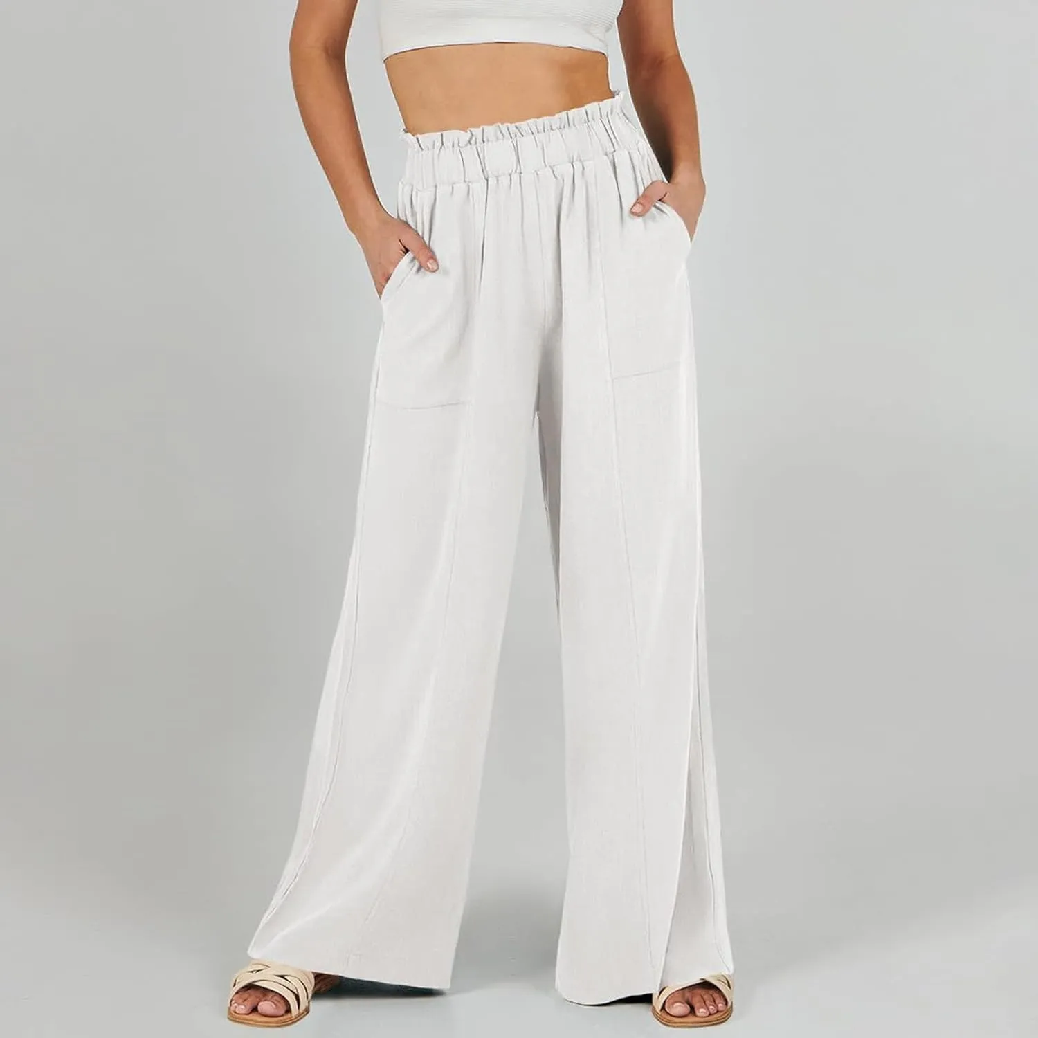 Linen Pants for Women Trendy Casual Ruffle High Waist Wide Leg Beach Palazzo Pants Trousers with Pockets Slacks