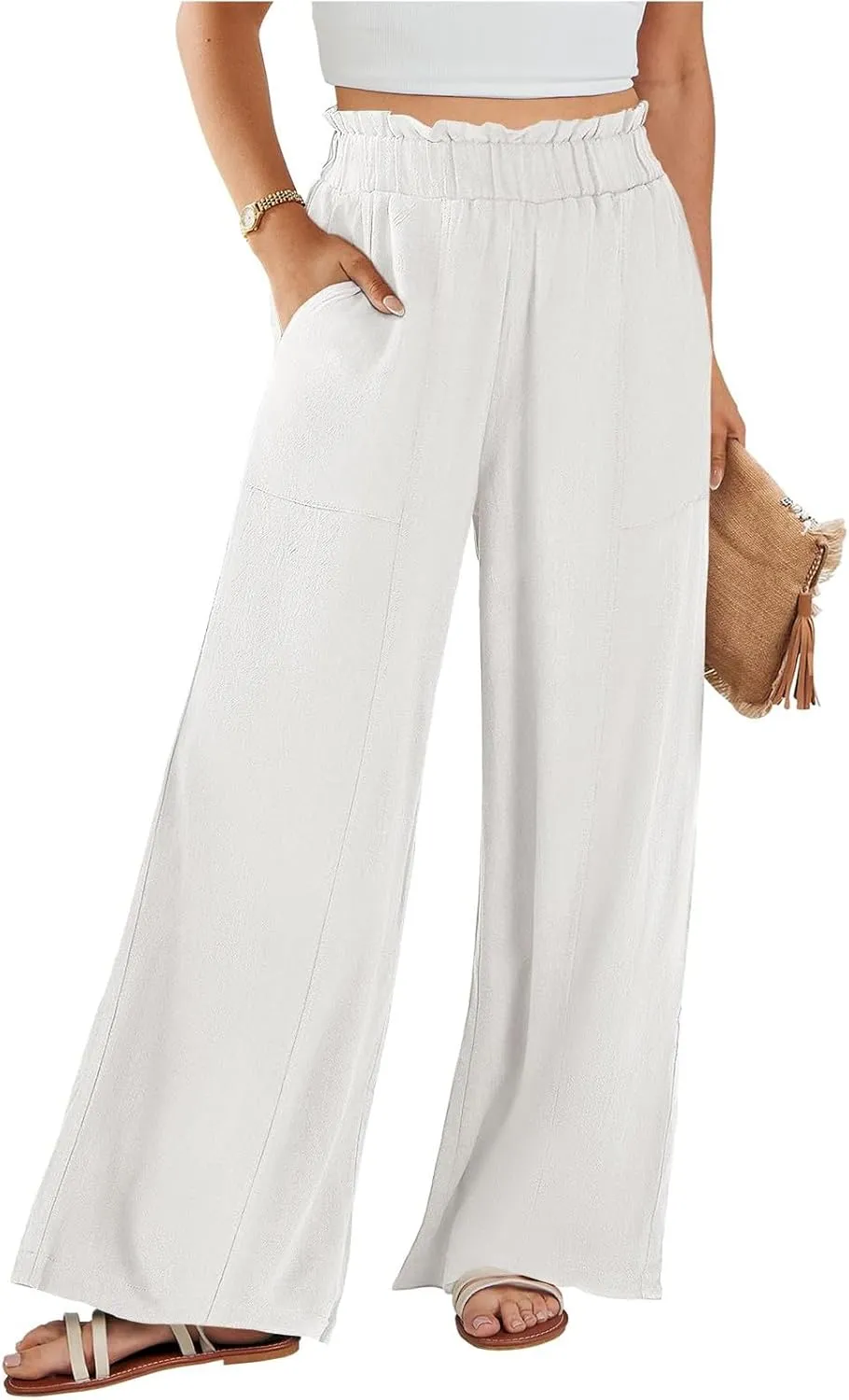 Linen Pants for Women Trendy Casual Ruffle High Waist Wide Leg Beach Palazzo Pants Trousers with Pockets Slacks