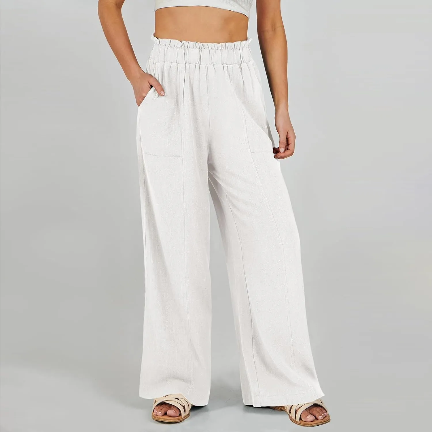 Linen Pants for Women Trendy Casual Ruffle High Waist Wide Leg Beach Palazzo Pants Trousers with Pockets Slacks