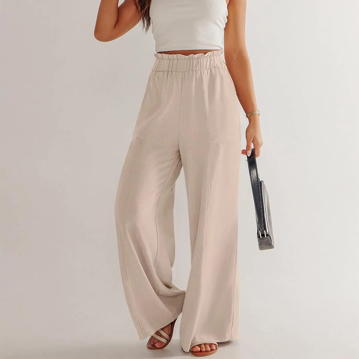 Linen Pants for Women Trendy Casual Wide Leg Beach Palazzo Pants Ruffle High Waist Slacks Trousers with Pockets