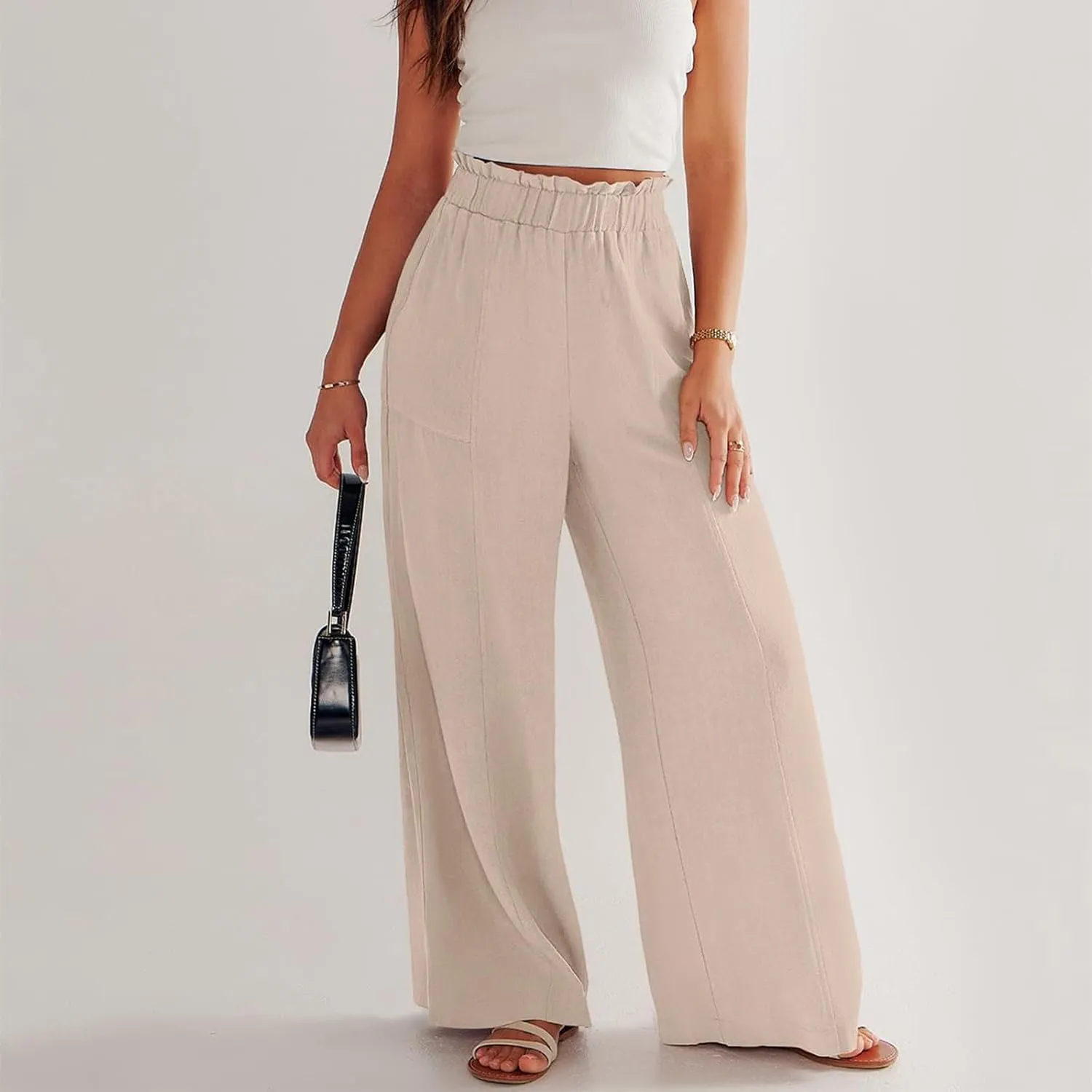 Linen Pants for Women Trendy Casual Wide Leg Beach Palazzo Pants Ruffle High Waist Slacks Trousers with Pockets