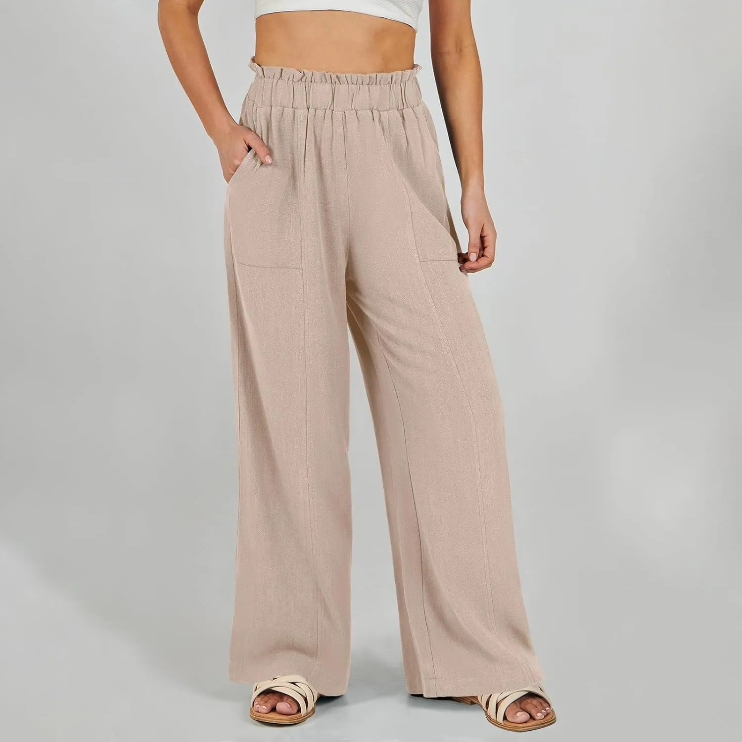 Linen Pants for Women Trendy Casual Wide Leg Beach Palazzo Pants Ruffle High Waist Slacks Trousers with Pockets