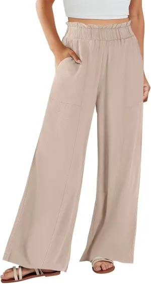 Linen Pants for Women Trendy Casual Wide Leg Beach Palazzo Pants Ruffle High Waist Slacks Trousers with Pockets