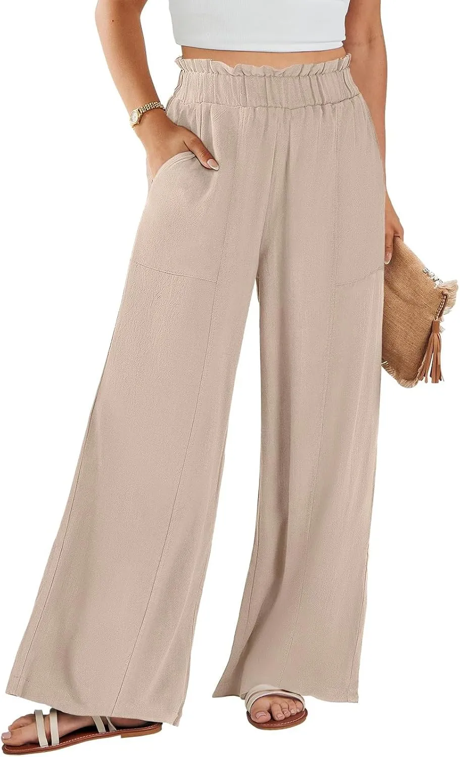 Linen Pants for Women Trendy Casual Wide Leg Beach Palazzo Pants Ruffle High Waist Slacks Trousers with Pockets