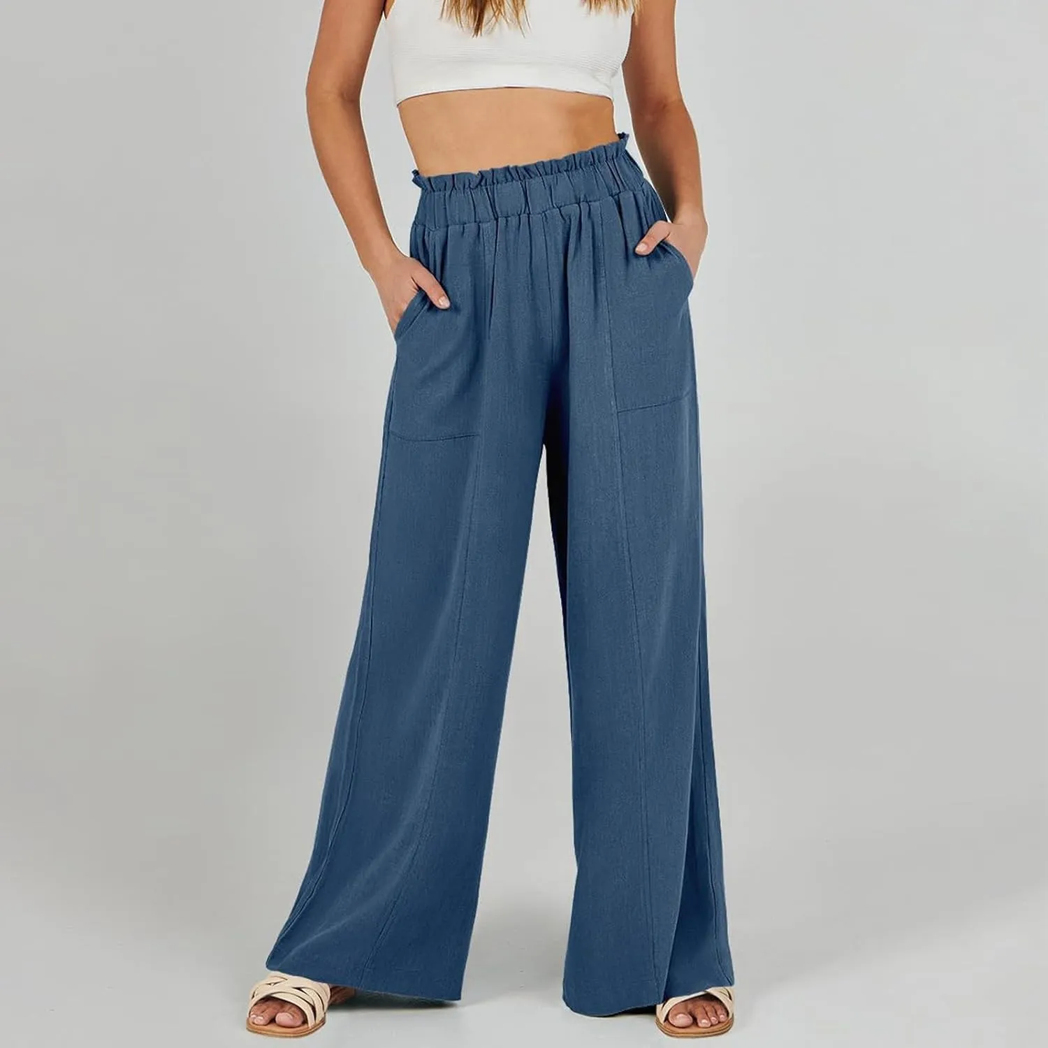 Linen Pants for Women Trendy Casual Wide Leg Beach Palazzo Pants Ruffle High Waist Trousers with Pockets Slacks