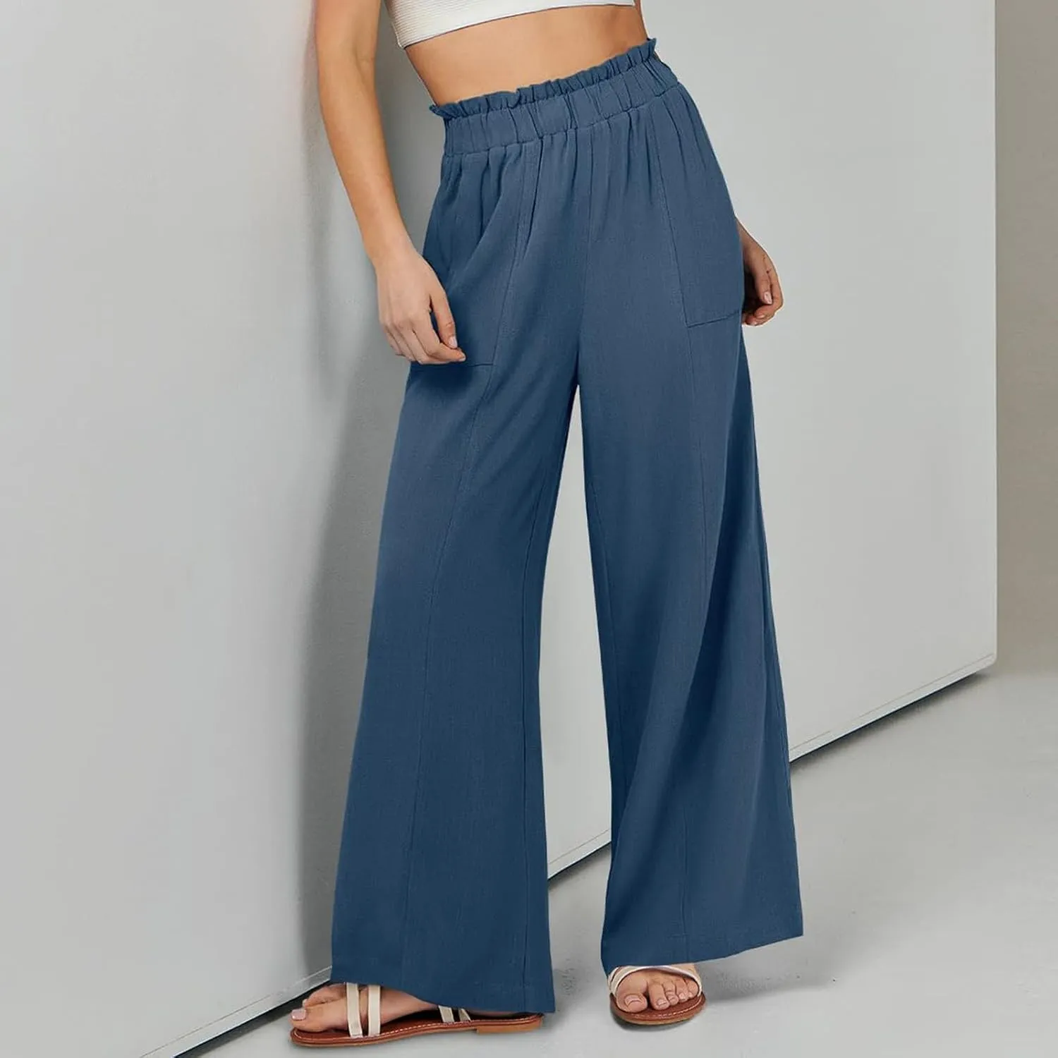 Linen Pants for Women Trendy Casual Wide Leg Beach Palazzo Pants Ruffle High Waist Trousers with Pockets Slacks