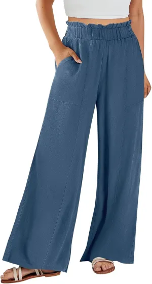 Linen Pants for Women Trendy Casual Wide Leg Beach Palazzo Pants Ruffle High Waist Trousers with Pockets Slacks