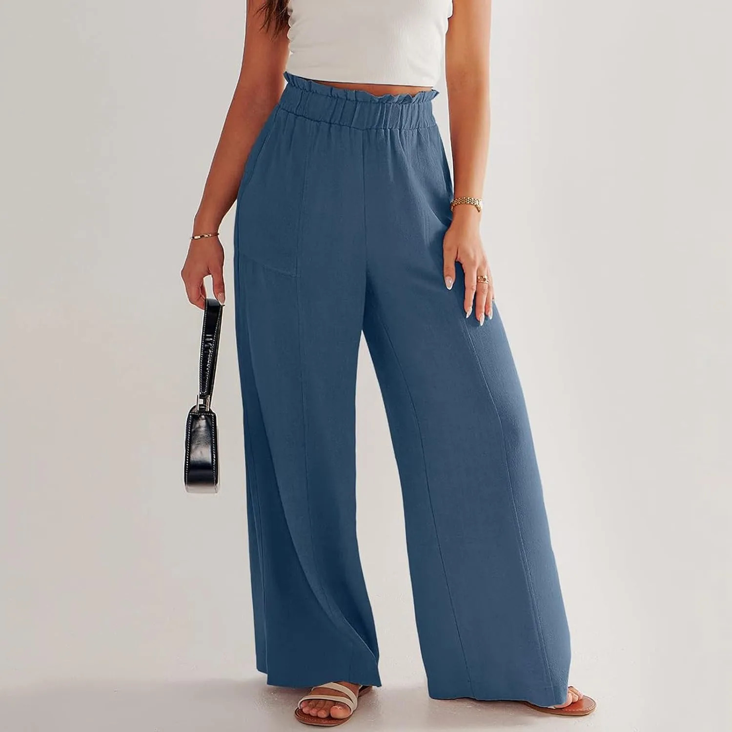 Linen Pants for Women Trendy Casual Wide Leg Beach Palazzo Pants Ruffle High Waist Trousers with Pockets Slacks
