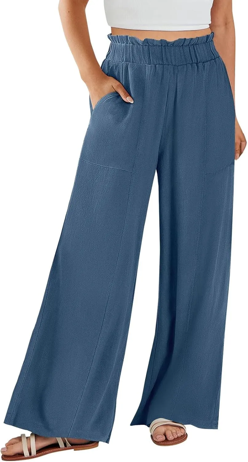 Linen Pants for Women Trendy Casual Wide Leg Beach Palazzo Pants Ruffle High Waist Trousers with Pockets Slacks