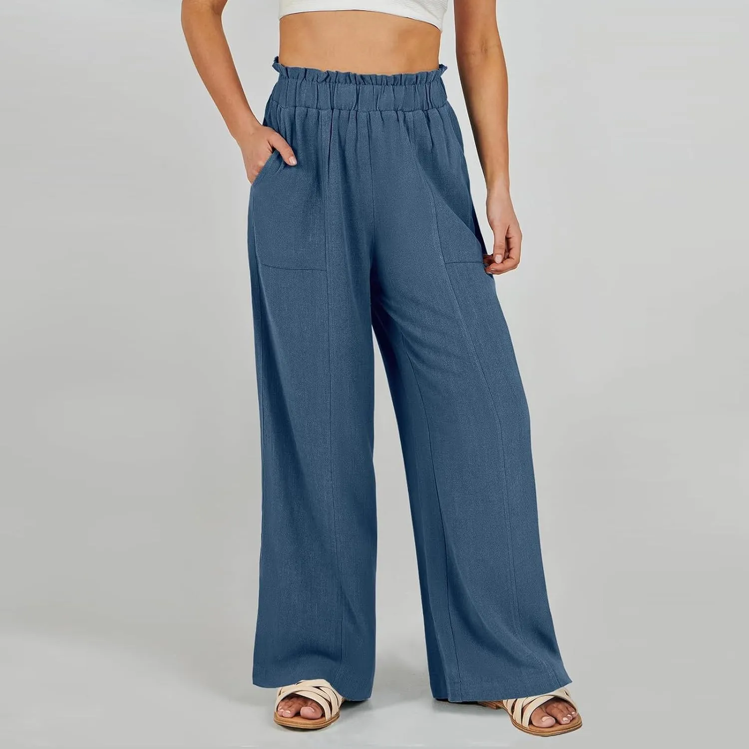 Linen Pants for Women Trendy Casual Wide Leg Beach Palazzo Pants Ruffle High Waist Trousers with Pockets Slacks