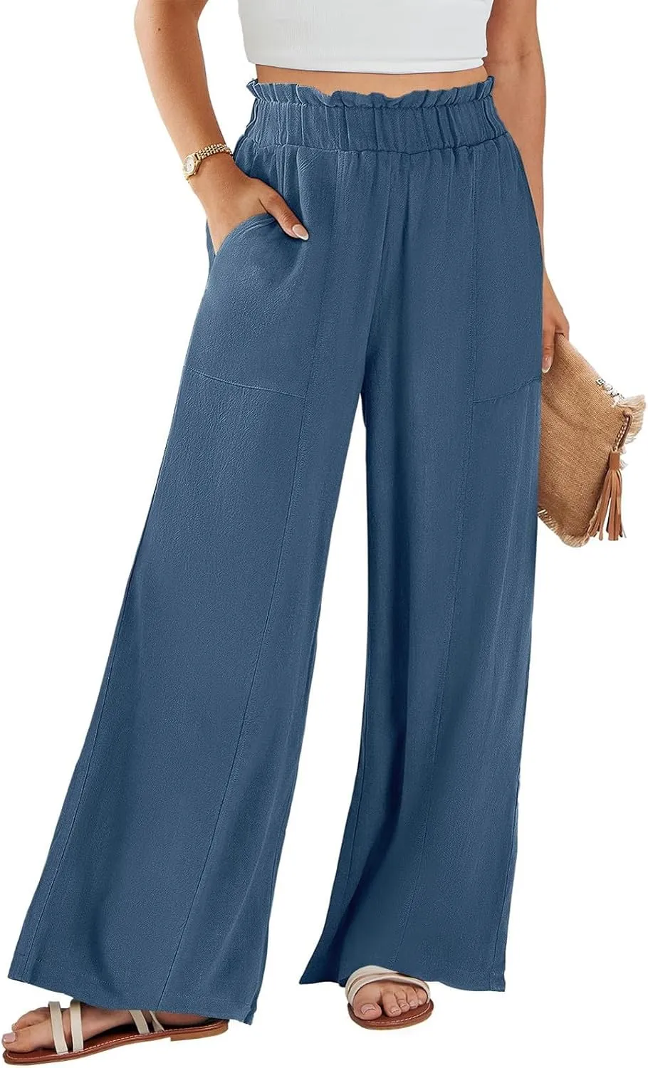 Linen Pants for Women Trendy Casual Wide Leg Beach Palazzo Pants Ruffle High Waist Trousers with Pockets Slacks