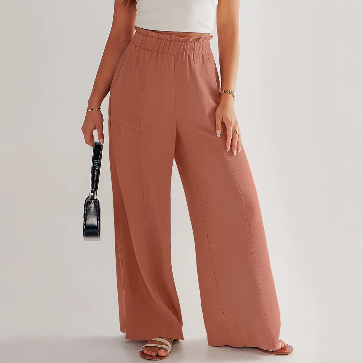 Linen Pants for Women Trendy Casual Wide Leg Beach Palazzo Pants Trousers with Pockets Ruffle High Waist Slacks