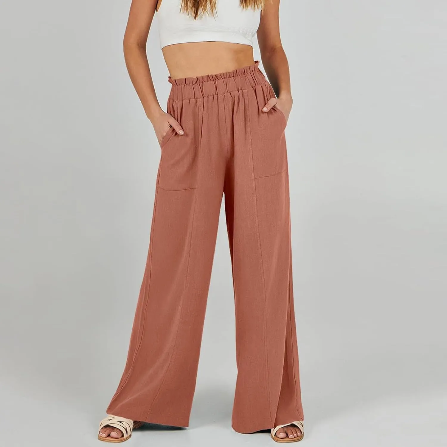 Linen Pants for Women Trendy Casual Wide Leg Beach Palazzo Pants Trousers with Pockets Ruffle High Waist Slacks