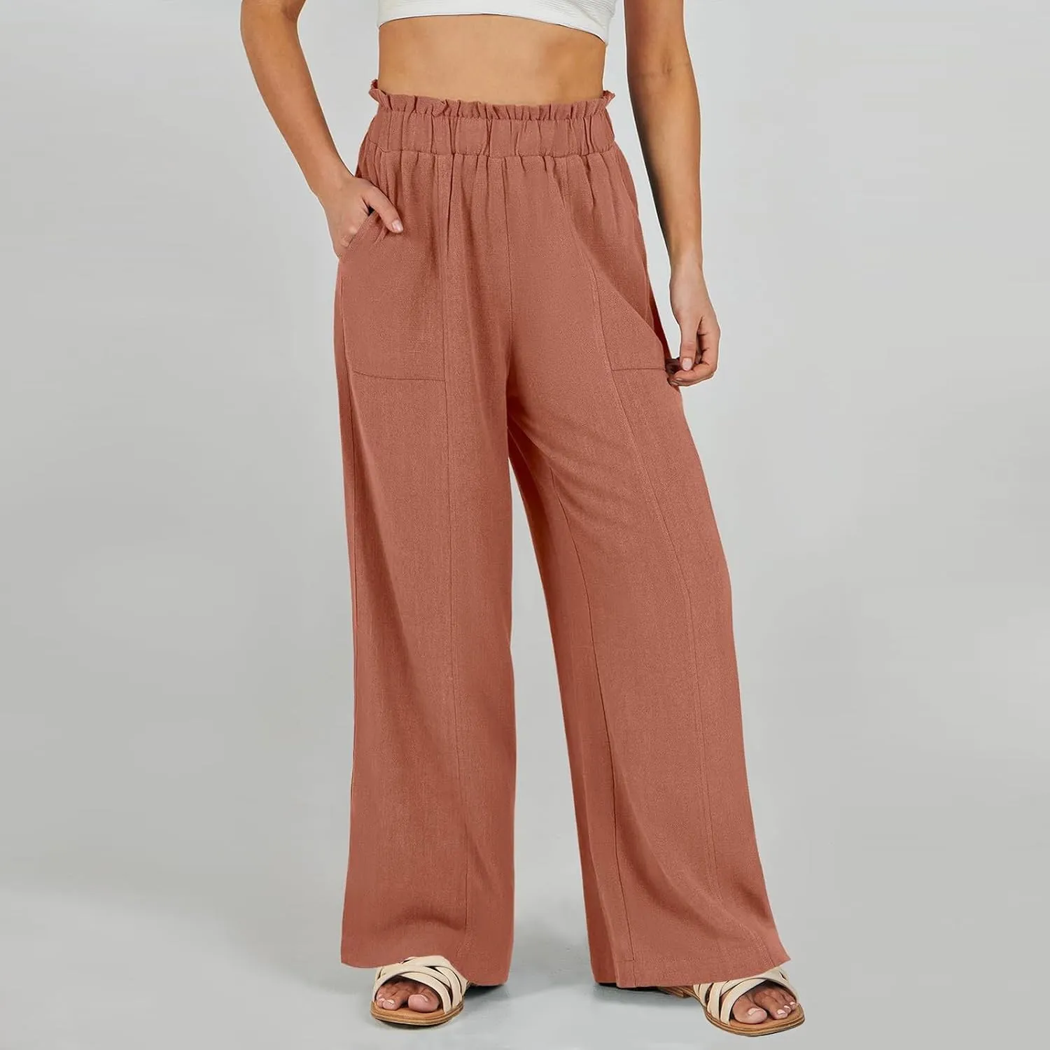 Linen Pants for Women Trendy Casual Wide Leg Beach Palazzo Pants Trousers with Pockets Ruffle High Waist Slacks