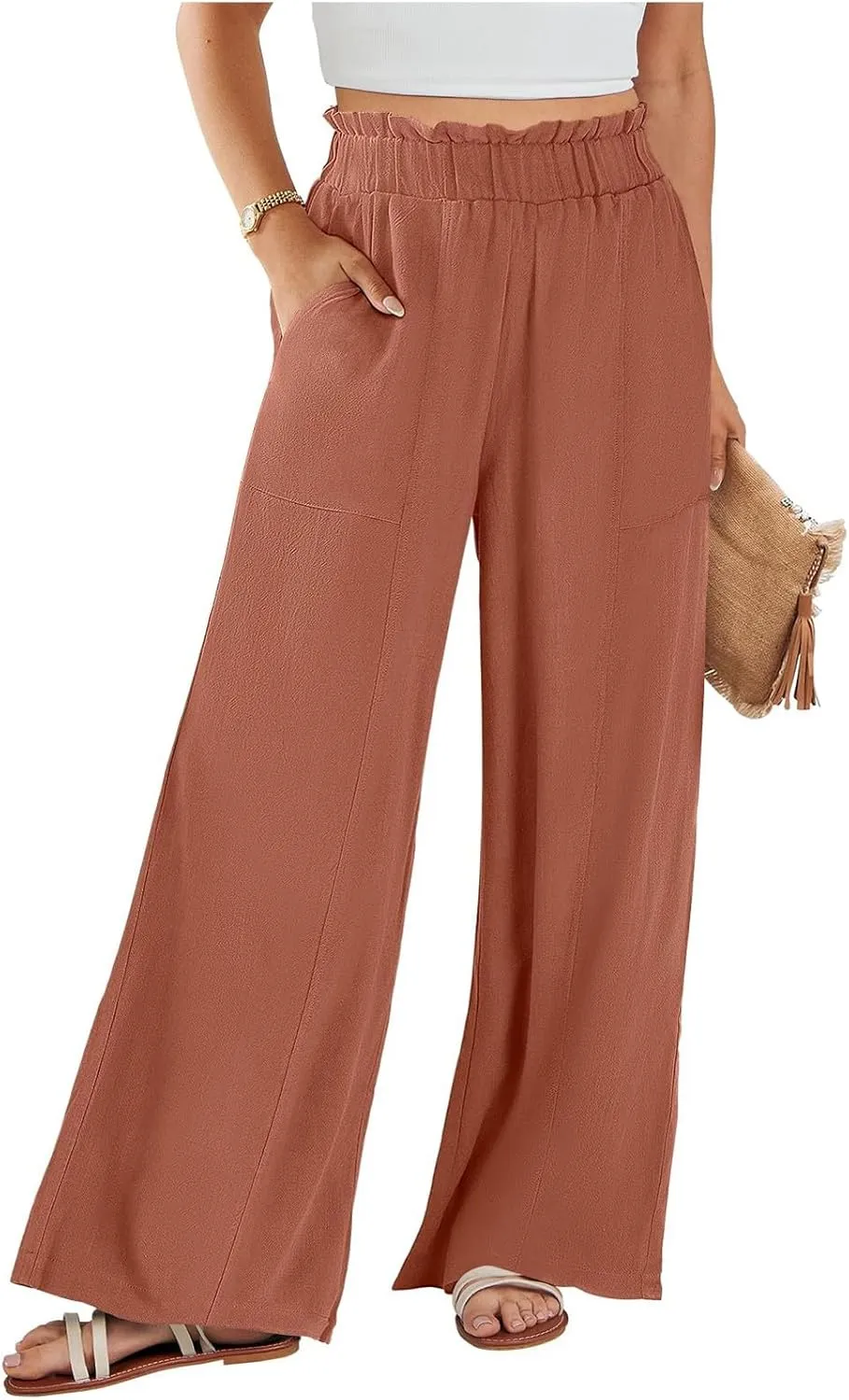 Linen Pants for Women Trendy Casual Wide Leg Beach Palazzo Pants Trousers with Pockets Ruffle High Waist Slacks