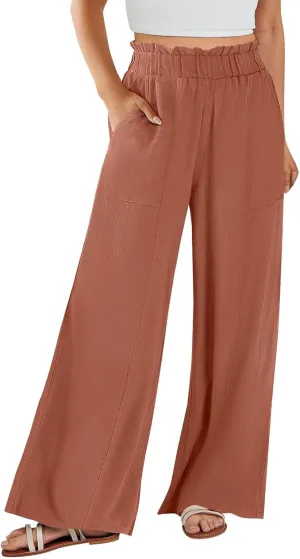 Linen Pants for Women Trendy Casual Wide Leg Beach Palazzo Pants Trousers with Pockets Ruffle High Waist Slacks
