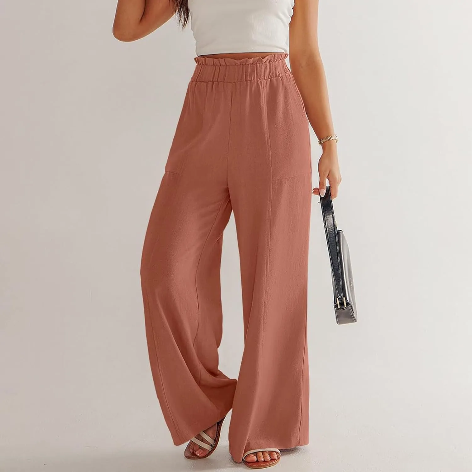 Linen Pants for Women Trendy Casual Wide Leg Beach Palazzo Pants Trousers with Pockets Ruffle High Waist Slacks