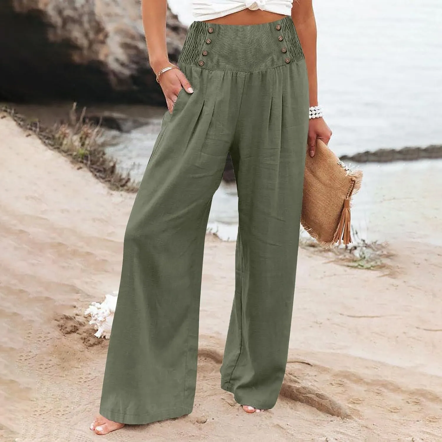 Linen Pants Women Summer Baggy Casual Wide Leg Pants Flowy Palazzo Beach Pants High Waist Work Trousers with Pockets