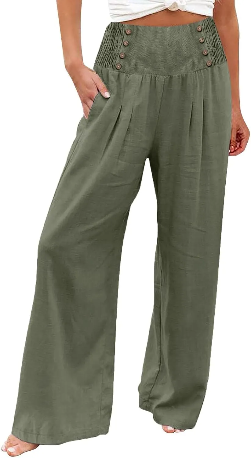 Linen Pants Women Summer Baggy Casual Wide Leg Pants Flowy Palazzo Beach Pants High Waist Work Trousers with Pockets