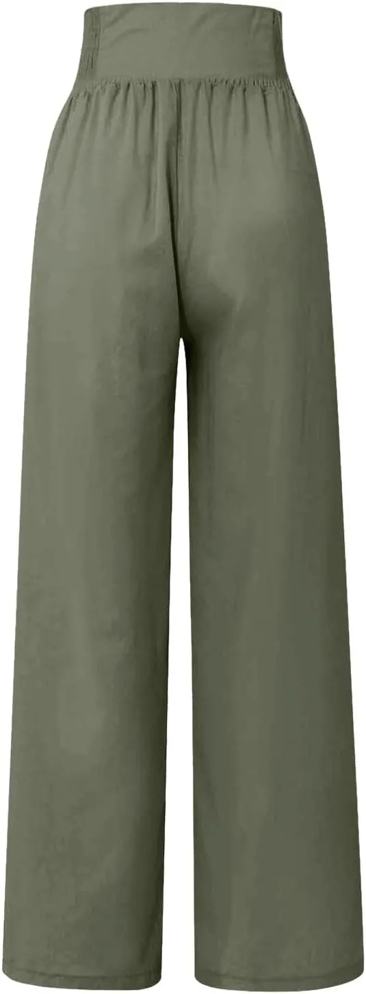 Linen Pants Women Summer Baggy Casual Wide Leg Pants Flowy Palazzo Beach Pants High Waist Work Trousers with Pockets