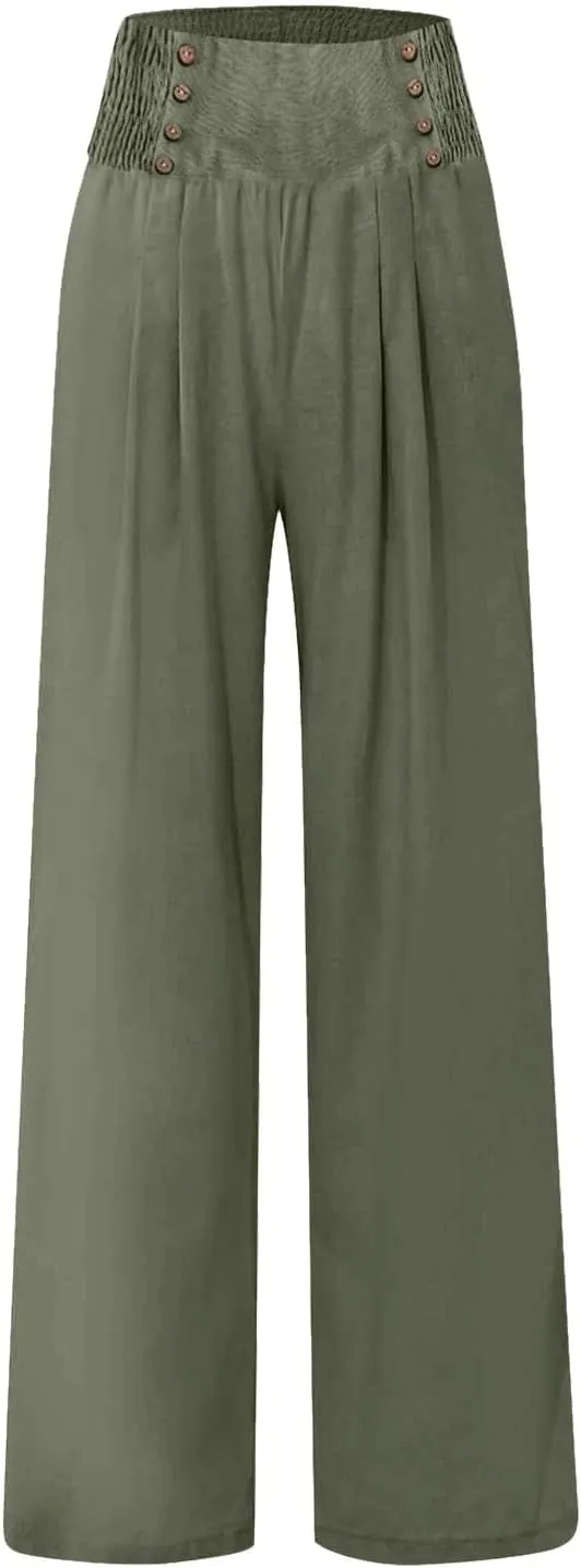Linen Pants Women Summer Baggy Casual Wide Leg Pants Flowy Palazzo Beach Pants High Waist Work Trousers with Pockets