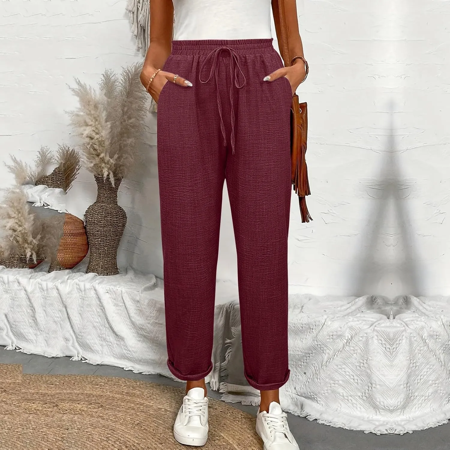 Linen Pants Women Summer Drawstring Elastic High Waisted Pants Tapered Wide Leg Pant Cropped Lounge Pant