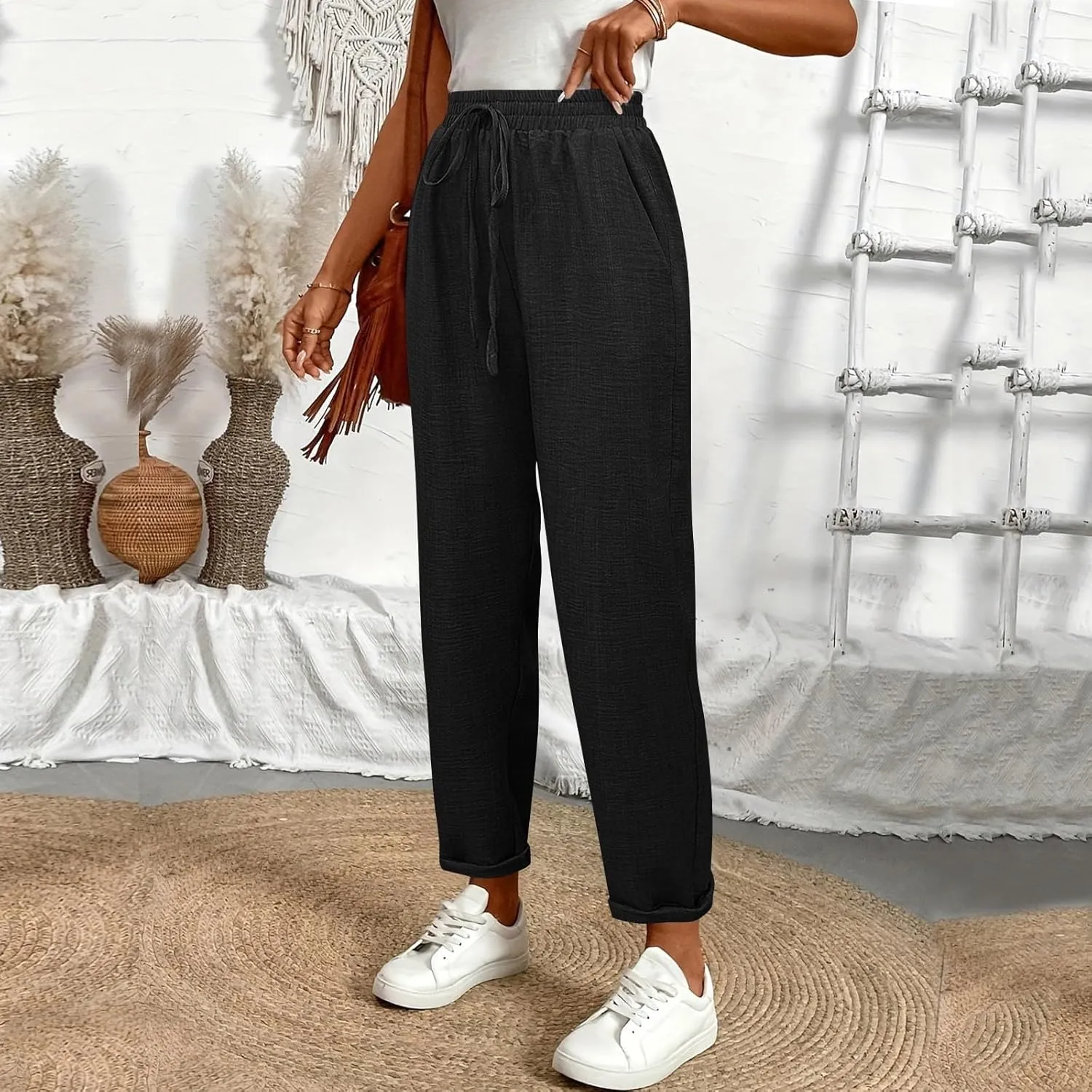 Linen Pants Women Summer Drawstring Elastic High Waisted Pants Tapered Wide Leg Pant Cropped Lounge Pant