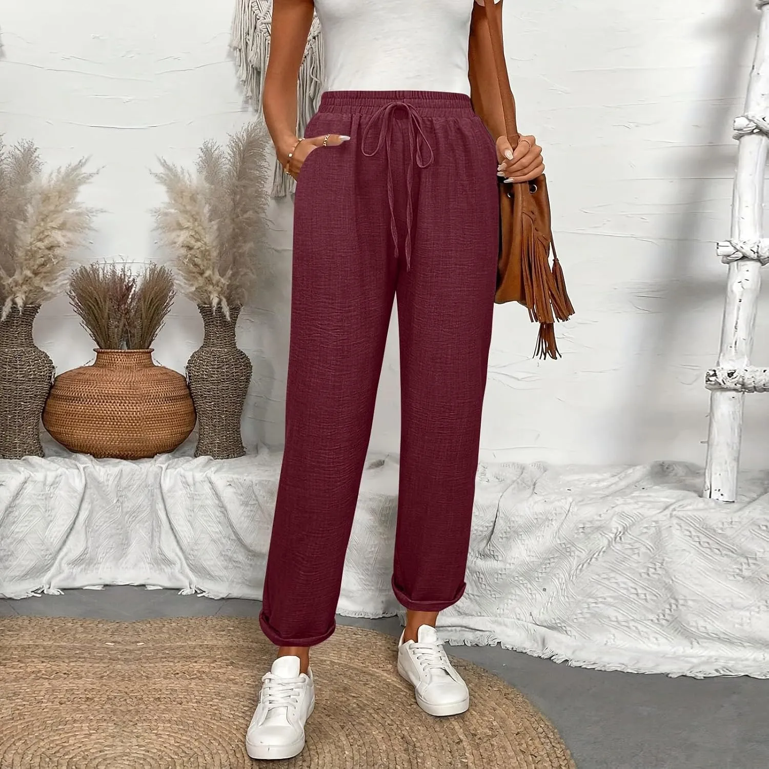 Linen Pants Women Summer Drawstring Elastic High Waisted Pants Tapered Wide Leg Pant Cropped Lounge Pant