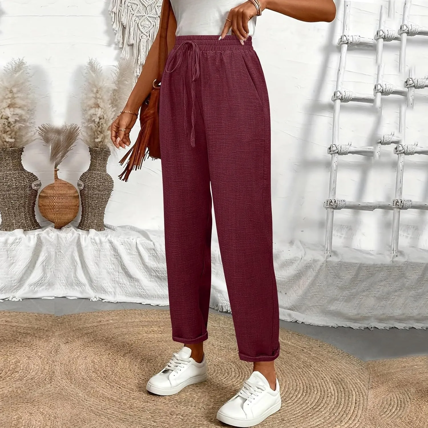 Linen Pants Women Summer Drawstring Elastic High Waisted Pants Tapered Wide Leg Pant Cropped Lounge Pant